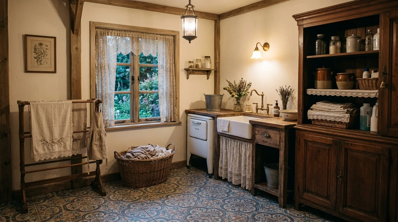 Use patterned tile to deepen the mood inspiration for a cottagecore laundry room.